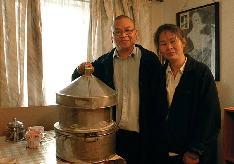 Chinese traditional steamer bought over by Mr Chan when he moved to the UK.